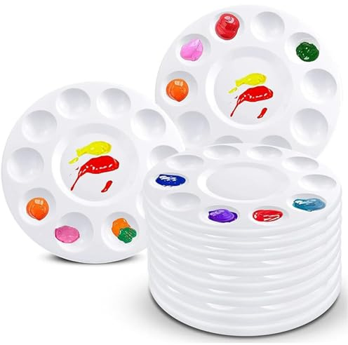 10 Pcs 6.7 Inch Round Plastic Paint Palette with 10 Wells & Central Reservoir, Paint Tray Pallet for Acrylic Watercolor Oil Painting, DIY Crafts and Art Painting Projects