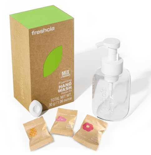Freshcia Foaming Hand Wash Starter Kit with 3 Tablets, 300ml Reusable PCR Bottle, Multiple Scents, Vegan Formula, Water-Activated Refills (Mix Scent)