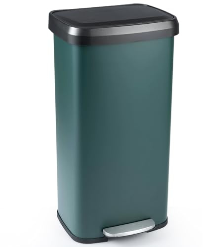 TANGZON 68L Recycling Pedal Bin, Stainless Steel Kitchen Bin (Dark Green) | Soft Close Lid, Deodorant Box, Handle & Non-Slip Base, Hands-Free Fingerprint-Proof Waste Separation Trash Can