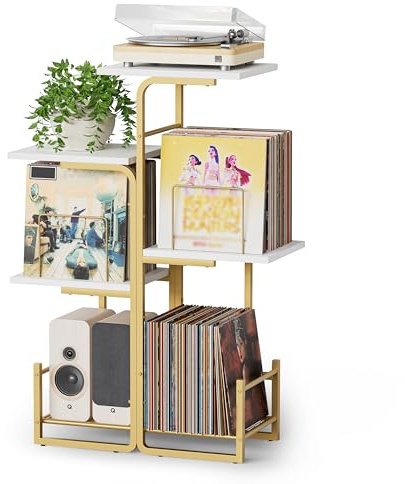 Bikoney Tavolo Porta Giradischi Vintage con Spazio per Vinili - Oro | Elegante Supporto per LP con Mensole Porta Dischi, Mobile Retro Decorativo per Giradischi, Soggiorno e Camera