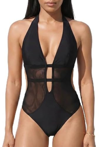 Novocloud Bañador Mujer Una Pieza Sexy Cuello en V Profundo Halter Traje de Baño Reductor Malla Monokini Playa Piscina
