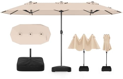 RELAX4LIFE Grand Parasol de Jardin Exterieur avec Pied, 4x2M Parasol Double pour Terrasse/Piscine/Marché, 12 Baleines Renforcées, Manivelle, Protection Solaire pour 6-8 Personnes