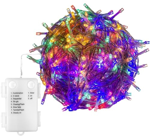 VOLTRONIC LED Lichterkette, IP44, Batteriebetrieben, Modell- und Farbwahl, 100 LEDs, Transparentes Kabel, bunt