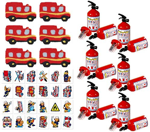 KSS Großes 18 Teiliges Feuerwehr Set Anspitzer, Radiergummi, Tattoos alles im Feuerwehr Design, Kindergeburtstag als Mitgebsel, Mitbringsel, Tombola, Verlosung, Party