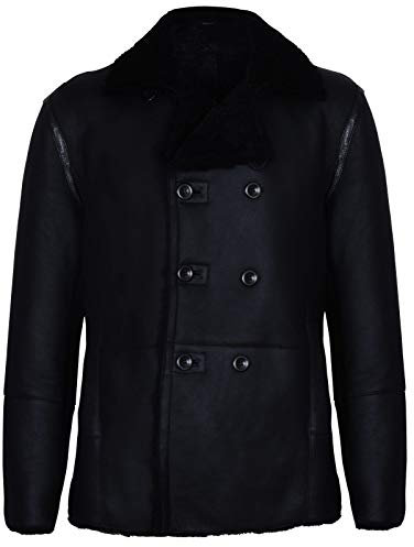 Infinity Leather Schwarzer Deutscher Zweireiher aus Echtem Schaffell Lammfell Lederjacke Mantel L