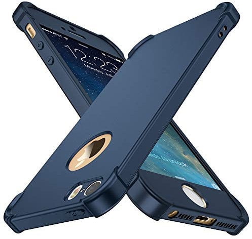 ORETECH Coque Compatible avec iPhone Se 2016 5 5S, avec 2 x Protecteur D'écran en Verre Trempé Housse Hybride Robuste 2 en 1 Antichoc Mince AntiRayures Dur PC TPU Etui pour iPhone Se 2016 Bleu foncé