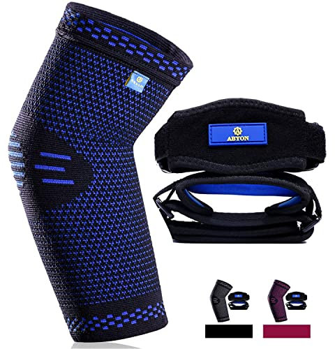 ABYON Ellenbogenbandage Herren Damen, Kompression Ellenbogen Bandage (1 Stücke) mit Tennisarm Bandage (2 Stücke) für Tennisarm, Golferarm, Arthritis, Sehnenentzündung (Blau, L)