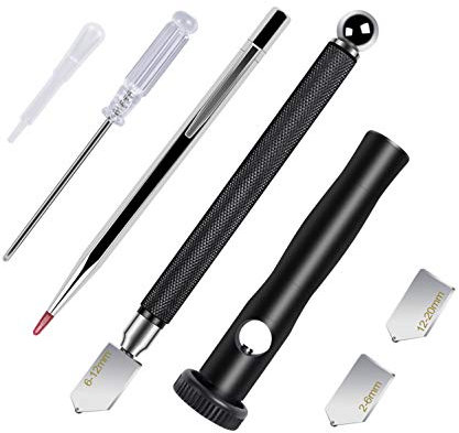 Kalawen Kit Tagliavetro Professionale Diamante 7 Pezzi Tagliarina Utensile Taglio Coltello in Lega per Vetro Specchio Piastrelle 2-20mm