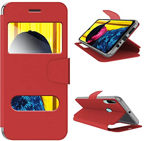 N NEWTOP Cover Compatibile per Huawei P Smart 2019 / Honor 10 Lite, HQ Windows Notifiche Display Risposta Finestra Custodia Libro Flip Magnetica Simil Pelle Stand Protettiva (Rosso)