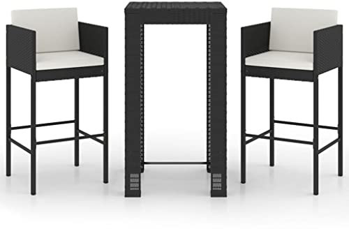 vidaXL Gartenbar Set 3-TLG. mit Kissen Theke Bar Tresen Gartentheke Bartisch Stehtisch Barhocker Barstuhl Gartenmöbel Poly Rattan Schwarz