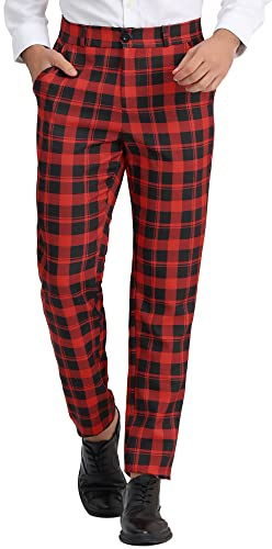Lars Amadeus Karierte Herrenhose mit normaler Passform und Flacher Vorderseite, Klassische Anzughose mit elastischer Taille rot XL