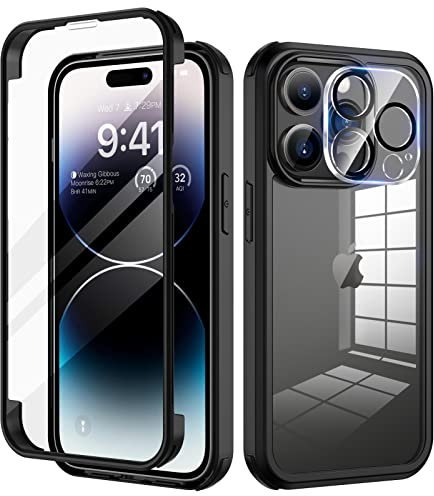 seacosmo Kompatibel für iPhone 14 Pro Hülle mit eingebautem Panzerglas Displayschutz und Kamera Schutzfolie [9H HD], 360 Grad Handyhülle Ganzkörper Stoßfeste iPhone 14 Pro Case - Schwarz