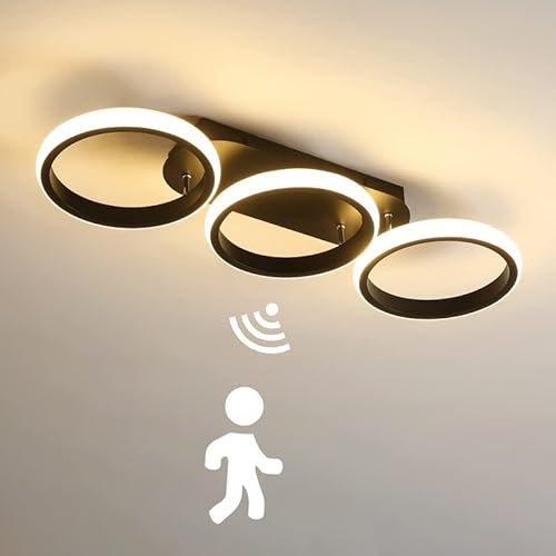 LED Deckenlampe mit Bewegungsmelder 30W Innen Flur Deckenleuchte mit Sensor Moderne Ring Deckenbeleuchtung für Treppe Wohnzimmer Balkon Küche Garage Veranda BüRo Sensorlampe, Schwarz (3000K)
