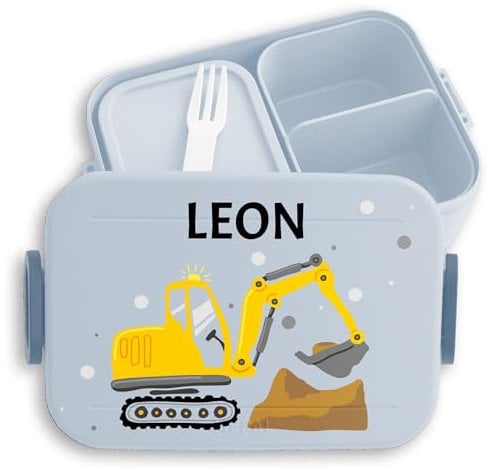 Kinder Bento Box Midi Lunchbox für Mepal Bentobox - Brotdose Bagger mit Name personalisiert I Baggerfahrer I Bagger Fan Baumaschine - 900 ml - Hellblau - personalisierte geschenke kind
