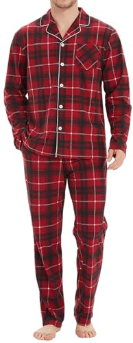 Mnamo Lot de 2 pyjamas à carreaux pour homme - Manches longues - Rouge et noir - Vêtement de nuit doux et confortable