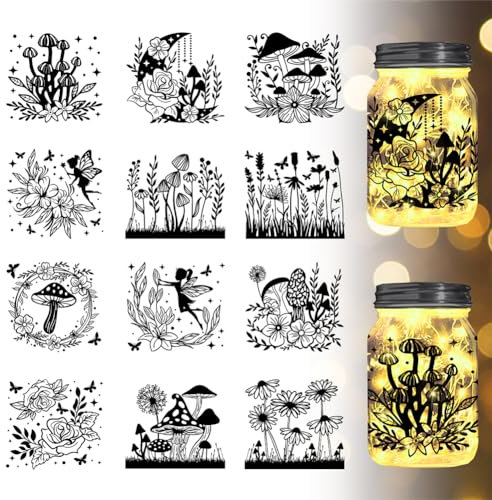 GLOBLELAND 12Pcs Mushroom Flower Jar Cutouts (Not Stickers) Lantern Jar Mushroom Flower Cutouts Jar Decor Lantern Laser Silhouette Jar Cutouts Window Lamp Decals Glass Cutouts Decorations Art Mural