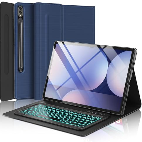 Keyboard Case for Samsung Galaxy Tab S10 Ultra/S9 Ultra/S8 Ultra 14.6 inch, 7-Colors Backlight Detachable Wireless Keyboard, Slim Protective Folio Case with S Pen Holder, Auto Sleep/Wake, Dark Blue
