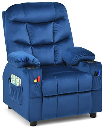 COSTWAY Kids Velvet Recliner Chair, Adjustable Children Armchair Sofa with 2 Cup Holders, Footrest, Side and Front Pockets, Toddler Gaming Lounger for Boys Girls (Blue)