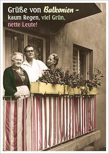 Gutsch Verlag Lustige Postkarte mit Retro Charme - Grüße von Balkonien, Idyllisches Balkonleben mit Blumen und Fröhlichen Nachbarn, Perfekt für Freunde & Familie, Humorvolle Urlaub