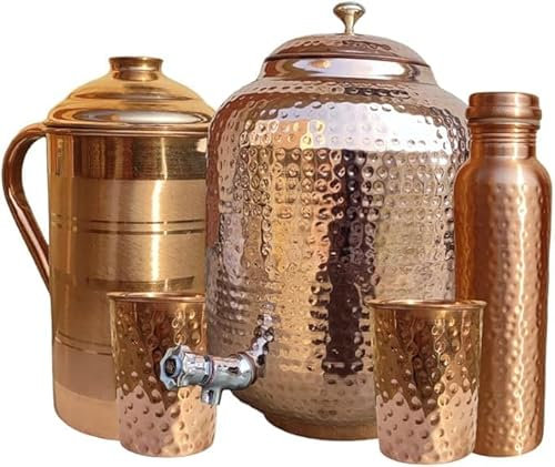 The India's Store Wasserspender aus reinem gehämmertem Kupfer mit Zapfhahn 2 Glasflasche & Krug Matka Wasserkrug Kupfertopf Kupferkrug mit Wasserhahn 8 Liter, TIS-DISPENSER-HGBJ-8L