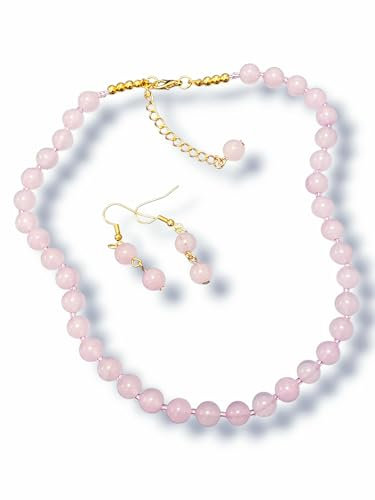 Rose Quartz Crystal Gemstone Beaded Necklace Earrings Set 16/19 inch Heart Chakra Love Women Girls