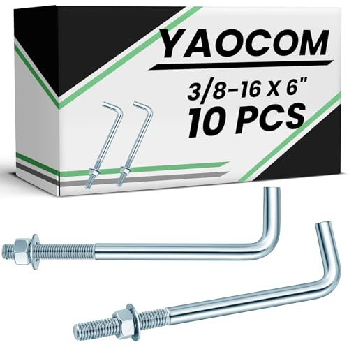 Yaocom 10 Pcs Galvanized Anchor Bolts Galvanized Concrete Fastener J Bolt Concrete Bolts Cement Post Anchor with Nuts and Washers for Foundation Wall Hardware Brick Projects, Gray (3/8-16 x 6)