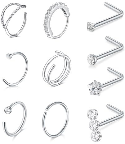 AVYRING 20G Nasenstecker, L-förmige Schrauben mit Diamant, Edelstahl Silber Nasenringe Set mit CZ für Damen und Herren, Packung mit 10 Stück