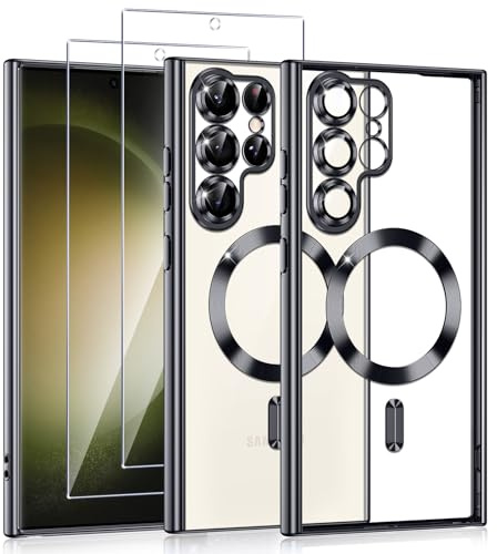 Phoona Coque Magnétique pour Samsung Galaxy S23 Ultra 5G avec 2 Pièces Verre Trempé, Compatible avec MagSafe, Résistante aux Rayures, Résistante aux Chocs, Mince et Transparente, Noir