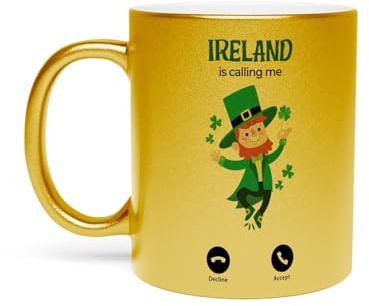 Fabulous Gold Chrome Ceramic Mug - Ireland Is Calling Me Leprechaun Clover Myth - 11oz