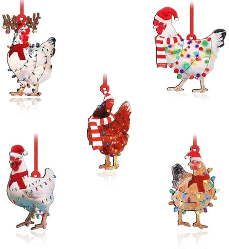 5 Stück Weihnachtsbaumschmuck, Acryl Kreativität Huhn mit Schal Anhänger, Christbaumschmuck Ausgefallen Anhänger, Lustiges Huhn Figur Christbaumschmuck, Christbaumkugeln Personalisiert