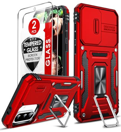 LeYi Coque pour Samsung Galaxy A56 / A36 5G Antichoc avec Protection Caméra Coulissante, 2*Verre Trempé, Étui de PC Dur et TPU Silicone Militaire Anti-Rayures Coque Anneau, Rouge