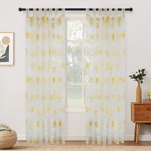 BUHUA Gardinen Blumen Durchsichtige Vorhang mit Schlaufen und Kräuselband Halbtransparent Vorhänge Muster für Wohnzimmer Küche, Gelb, 225x140cm, 2er-Set