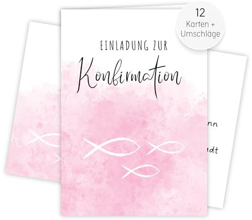 møij 12x EINLADUNGSKARTEN + Umschläge zur Konfirmation, DIN A6, zum Ausfüllen für Mädchen und Jungen (Rosa)