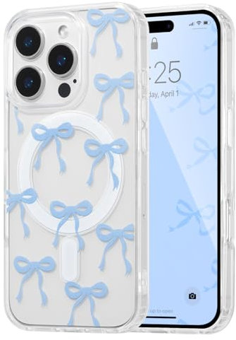 UEEBAI Magnetic for iPhone 16 Pro Max Case, Bow Case Compatible with MagSafe, Wireless Slim Clear Ribbon Aesthetic Phone Case Anti-Yellowing Shockproof Protective Cover for Women Girl - Baby Blue