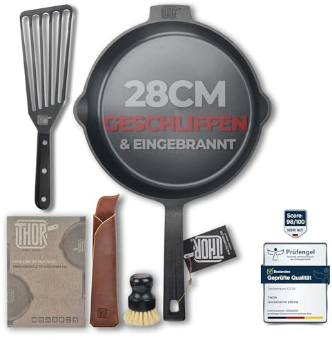 THOR® Gusseisenpfanne Induktion 28cm inkl. Zubehör - geschliffene Oberflächen I Bratpfanne Induktion, Gusseiserne Pfanne, Cast Iron Pan, Gusspfanne Grill, Eisenpfanne, Pfanne Gusseisen
