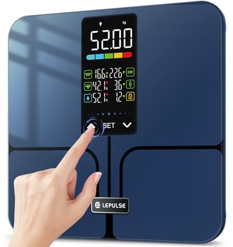 Körperfettwaage ohne App, 5.44'' Großes Display, Lepulse Waage mit Körperfett und Muskelmasse, Körperanalysewaage bis 227kg, Körperwaage mit 10 Benutzer-IDs, SET-Taste Einstellung, 8 Körpermaße