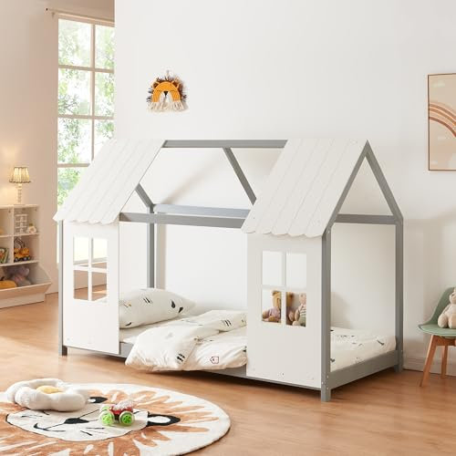 [en.casa] Kinderbett Tostedt Hausbett Jugendbett Bettenhaus Spielbett Halboffenes Design Montessori Bett aus massiver Kiefer Bettgestell Holz 90x200cm Grau/Weiß