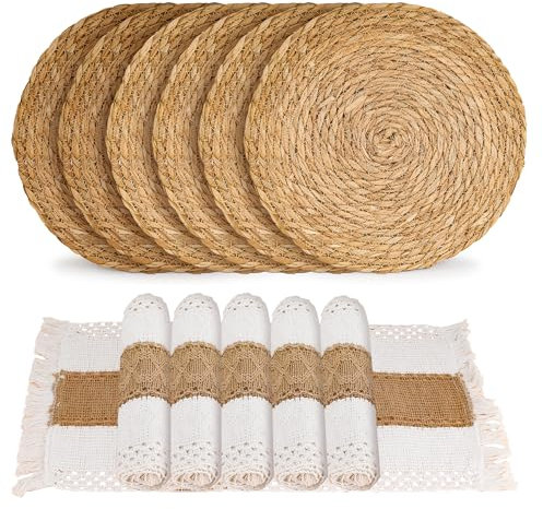 AZKEEGREY 12 Pcs Woven Placemats Table Mats Set, 6 Placemats, 6 Long Table Mat, Cotton Burlap and Water Straw Woven Combination Tables Place Mats Sets for Outdoor Dining Table