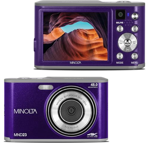 Minolta 48 Mega Pixels Point & Shoot Digital Camera with Rear Selfie Lens, Autofocus & 4K Ultra HD Video, Purple