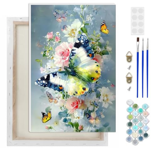 AIRDEA Abstrakter Schmetterling Malen nach Zahlen Erwachsene, DIY Handgemalt Ölgemälde Kit, Blumen Paint by Numbers mit 3-Pinseln und Acrylfarbe 20x30 cm (Gerahmt)
