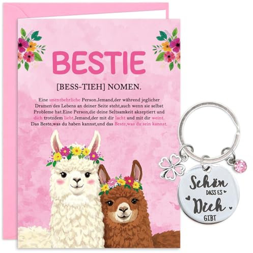 RFBEUTEL Geburtstagskarte für die Beste Freundin Schlüsselanhänger Lama Geschenke Dankeschön Karte mit Umschlag Abschiedsgeschenk Kollegin Glücksbringer