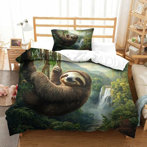 EMYXPAQM Bettwäsche Set Faultier Dschungel 3D Print Bettdeckenbezug, Weiche Mikrofaser, Mit Reißverschluss & Kissenbezug, Für Kinder, Jungen Teenager Single（135x200cm）
