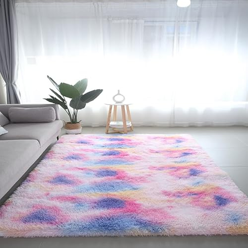 ARNTY Hochflor Teppich, Teppich Wohnzimmer Schlafzimmer Sinderzimmer Flauschiger Waschbarer Anti-Rutsch Extra Große Moderner Teppiche (Rosa-Regenbogen, 140x200cm)