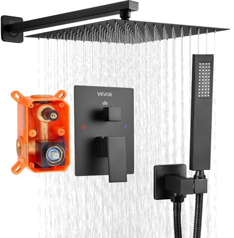 VEVOR Shower Faucet Set, Rainfall Bathroom Shower System with 12-Inch (30.5cm) Square Rain Shower Head and Handheld Spray, Wall Mounted Bath Fixtures with Brass Valve and Trim Kit, Matte Black