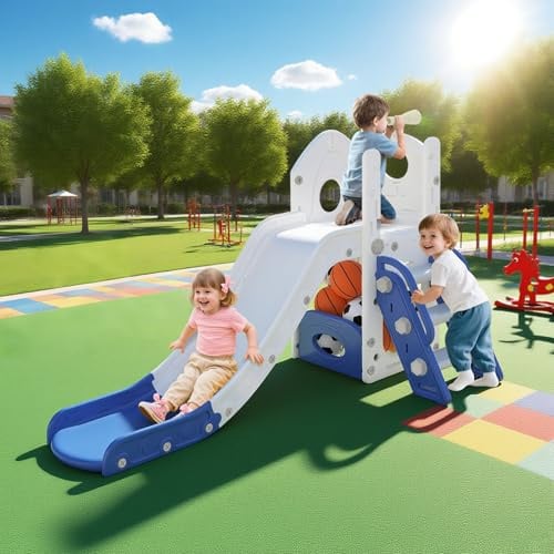 UISEBRT Toboggan pour enfant avec échelle d'escalade, espace de rangement, panier de basket et télescope de jeu, toboggan pour enfants en polyéthylène haute densité et polypropylène, toboggan pour