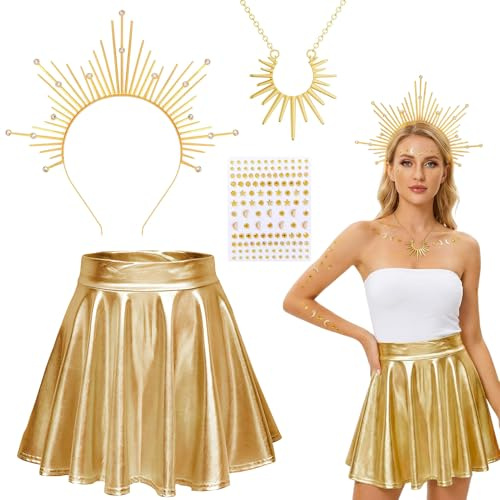 TSKYUP Sonne Kostüm,Gold Rock Damen,Haarreif Sonne,Glitzersteine Gesicht Gold,Halsketten,Sonnengöttin Kostüm Set für Karneval Fasching Mottoparty Cosplay
