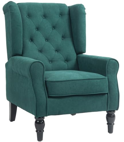 HOMCOM Sessel Ohrensessel mit Armlehnen, mit Kissen, Tufting, Dunkelgrün | Loungesessel, Hoher Rückenlehne Armlehnensessel mit Holzbeine, Relaxsessel für Wohnzimmer, Schlafzimmer