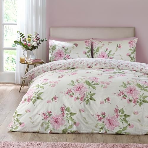 Catherine Lansfield Avebury Wende-Bettwäsche-Set mit Kissenbezügen, Blumenmuster, für Super-Kingsize-Bett, cremefarben