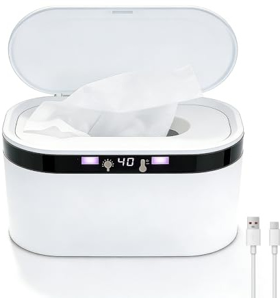 Weciau Baby Wipes Warmer, 40℃-60℃ Adjustable Wet Wipe Warmer with Night Light and Temperature Display, USB Powered Large Capacity Heated Wipes Dispenser for Babies Home Car Travel