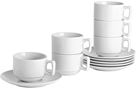 Argon Tableware White Stacking Cup/Saucer Set - 200ml (7oz) - 24 Cups & 24 Saucers